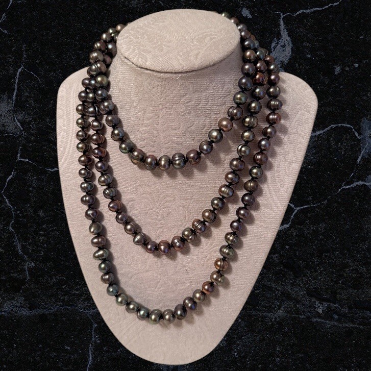 Vintage 50” Baroque Freshwater Pearl Necklace Ringed Peacock Iridescent Knotted