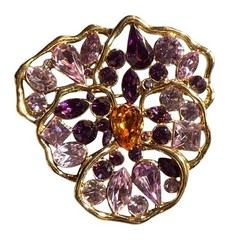 Nolan Miller VTG Glamorous Pansy Brooch Pin Gold Tone Purple Crystal Accents