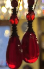 Vintage Red Glass Teardrop Cabochon & Faceted Dangle Drop Pierced Earrings