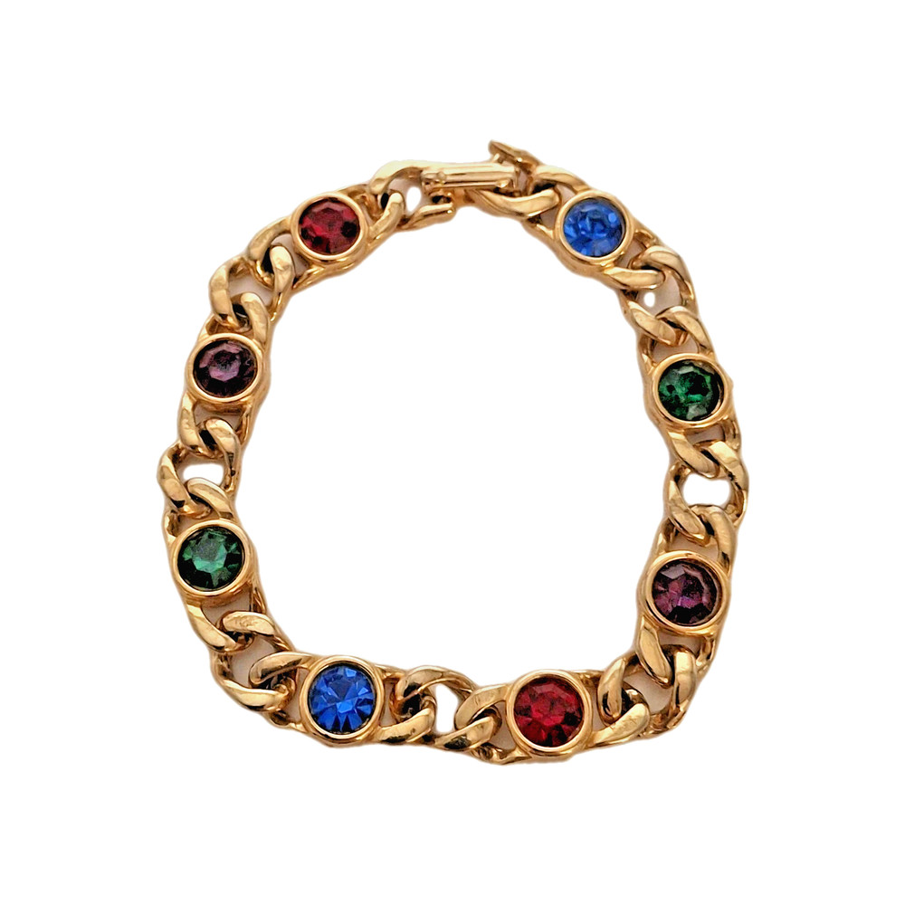 Vintage Multi Color Rhinestone Gold Tone Chain Bracelet 7 Inches