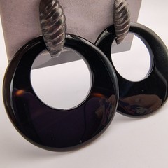 VintageBlack Onyx Door Knocker Earrings Hoops Omega Back Silver Tone 80s 90s