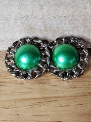 Vtg Green Clip On Earrings Silver Toned Unmarked Oval Fashion Jewlery