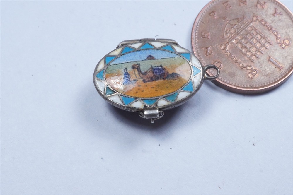 ANTIQUE EGYPTIAN REVIVAL SILVER & ENAMEL BABY MOSES BASKET CHARM c1920