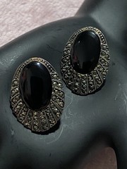 Vintage Sterling Silver Black Onyx / Marcasite Southwestern Stud Earrings 925