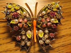 Vintage ART Arthur Pepper Butterfly Brooch Rhinestone Pearl Colorful Beauty