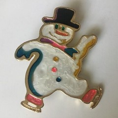 Snowman Ice Skating Christmas Winter Pin Gold Tone Metal & Enamel Vintage