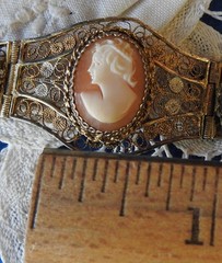Antique 800 Silver Gold Plated Filigree 3 Natural Shell Cameo Bracelet 7″ 13.5g