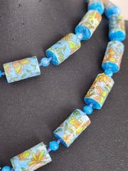 Vintage Blue Polymer Clay Barrel Beads Butterfly Floral Printed Design Necklace