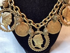Vintage Gold Tone Faux Old Coin Design Necklace Unmarked 17” Chain