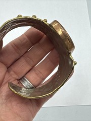 Vtg Modernist Mixed Metals Polished Agate Stone Chunky Cuff Bracelet 8″