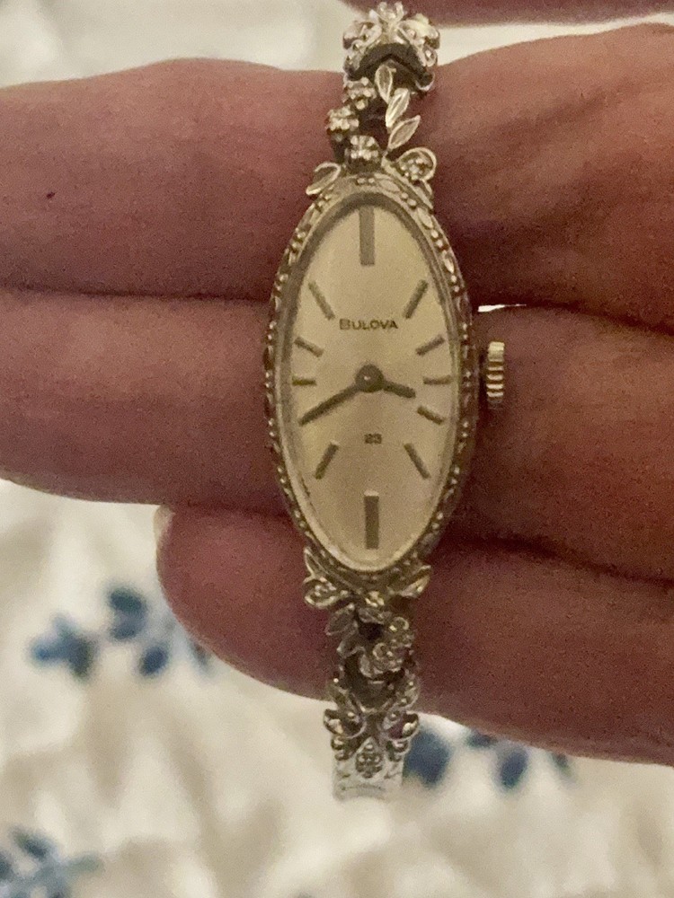 Vintage Bulova Ladies Watch-14K White Gold Cocktail With 8 Lovely Small Diamonds