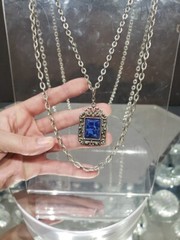 Double chain Necklace faux lapis c.1970 Sarah Coventry silver tone Roman Holiday