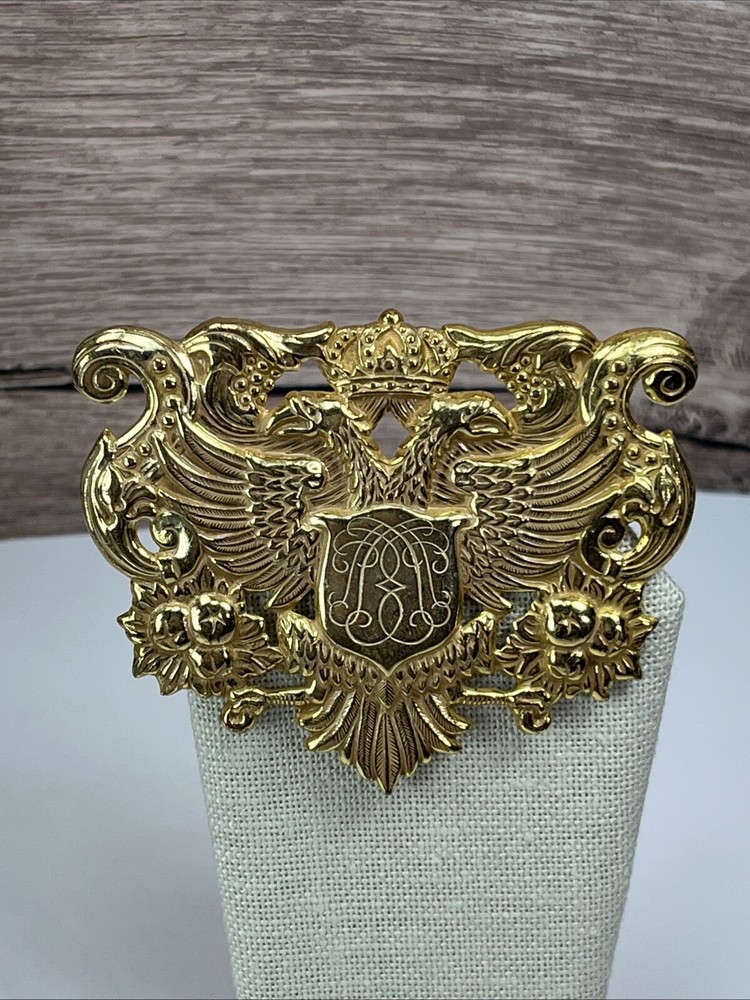 Vintage Miriam Haskell Russian Gold Brooch Crest Coat Of Arms Eagle Phoenix