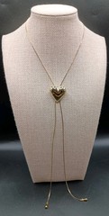 Vintage Heart Lariat Necklace Puffy Slide Pendant Gold Tone Bolo Tassel