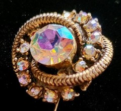 Vintage Aurora Borealis AB Rhinestone Prong Set Swirl Button Brooch Gold Tone