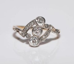 Art Nouveau Lab Created Diamond Navette Three Stone Engagement 925 Silver Ring