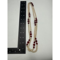 Vintage Faux Pearl and Ruby Red Faceted Glass Double Strand Necklace 24 Inch
