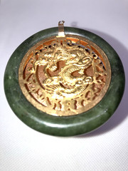 Vintage 53mm Round Dark Green Jade Pendant With Gold Dragon & Artistic Scrolls