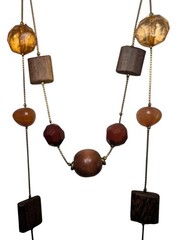Vintage Boho Earthy Layered Necklace Wood Beads Amber Crystal Carnelian Tone 30″