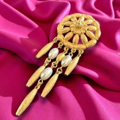 Faux Pearl Waterfall Brooch Gold Tone Dangle Statement Pin Vintage Tona