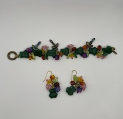 Vintage Multicolor Floral Glass Bead Toggle Bracelet 6” and Earring Set