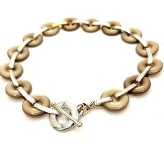 Choker Necklace Beige Disc Links Silver Tone Toggle Clasp 15.5 In Y2K