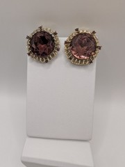 Vintage Pink Amethyst Glass Rhinestone Halo Clip On Earrings Large 21mm