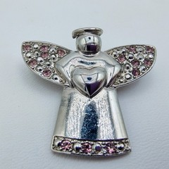 Vintage Angel Holding Heart Brooch Silver Tone Pink Rhinestone Guardian