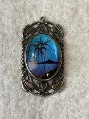 Antique Sterling Silver Morpho Butterfly Wing Pendant Palm Trees Tropical Scene