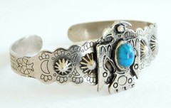 Vintage Silver Tone Faux Turquoise Thunderbird Southwestern Cuff Bracelet