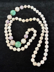 Vintage ROSE QUARTZ JADE Knotted Graduated 7mm-12mm Bead Rope Necklace 30″