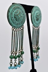Vintage Verdigris Patina Beaded Chandelier Earrings Dangle Fringe 1970s BinAV