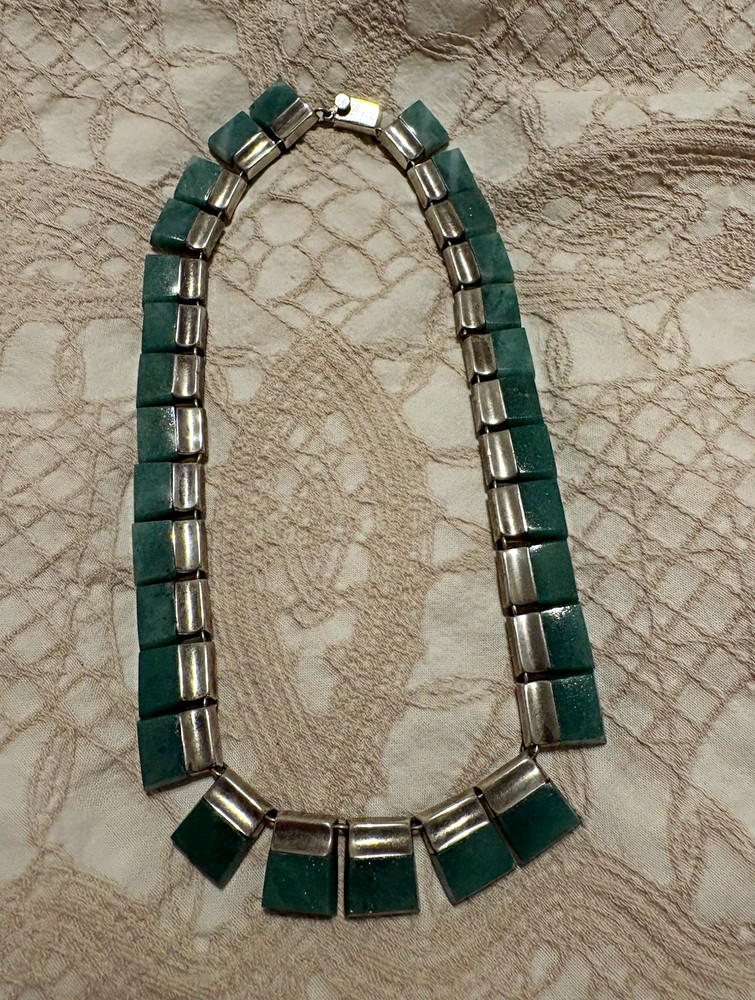 Mid Century Taxco Mexico 925 Sterling Silver Malachite Geometric Link Necklace