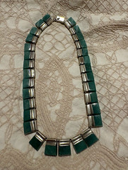 Mid Century Taxco Mexico 925 Sterling Silver Malachite Geometric Link Necklace