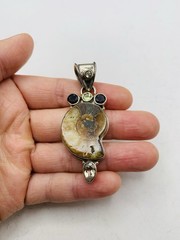 Vintage Sterling Silver 925 Peridot Smoky Topaz Gemstone Ammonite Fossil Pendant