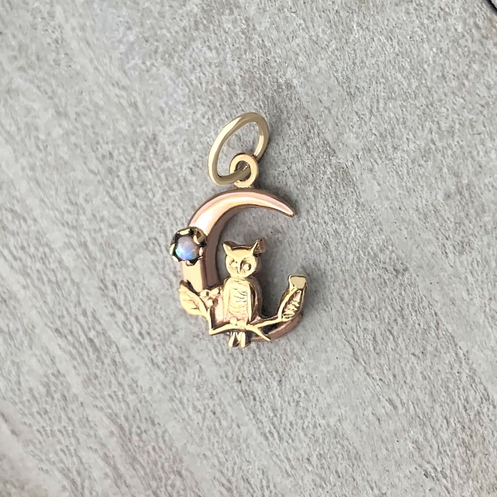 Victorian Owl and Opal Crescent Moon Pendant, Antique Gold Charm