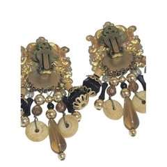 Vintage Gold-Tone Black & Amber Beaded Drop Earrings