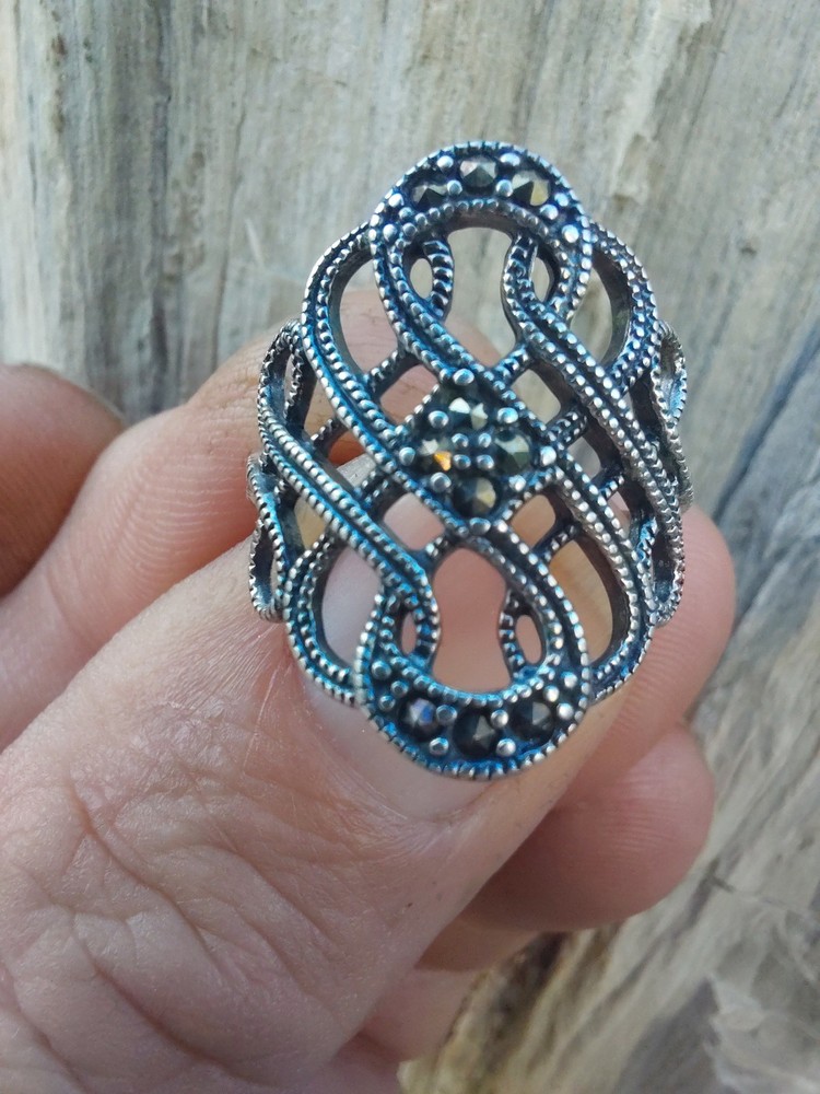 Vtg. RJ GRAZIANO Filigree Infinity 925 & Marcasite Ring- Size 8