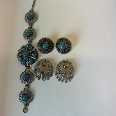 Faux Turquoise Bracelet 2 Earrings Silver Tone Southwestern Boho Tribal Filigree