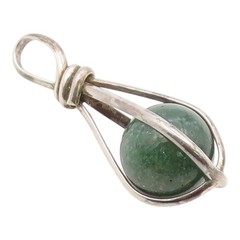 925 Sterling Silver Vintage Pendant Green Aventurine Orb Modernist Cage PT26344