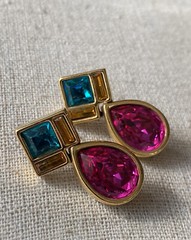 Signed Vintafe Gold Tone Pink and Green Swarovski Crystal Earrings!