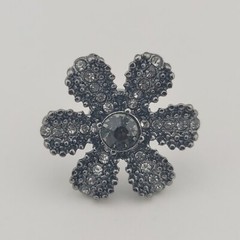 Jeweled Clear And Green Rhinestone On Gun Metal Grey Flower Hat Pin Brooch