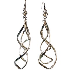 Vintage Earrings Spiral Twist Long Drop Rhinestone French Wire Silver Tone