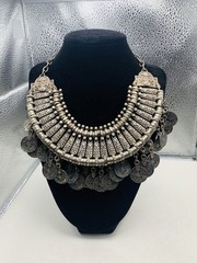 Vintage Silver Tone Boho Ethnic Tribal Coin Coachella Fringe Statement Necklace