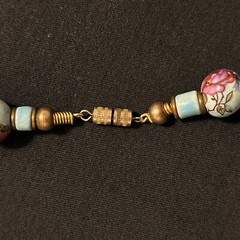 Vintage Hand Painted Porcelain Bead Necklace Turquoise Color Blue With Roses