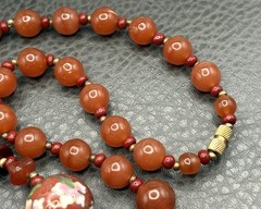 VTG Bird Butterfly Asian Cloisonne Carnelian Bead Hand Knotted Necklace 28”