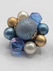 Vintage Cluster Beaded Clip On Earrings Blue Gold White Matte Shiny Beads
