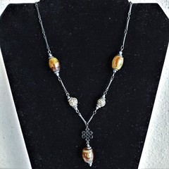 Faux Jasper Glass & Metal Beads Gun Black Alloy Chain Link Pendant Necklace 17″