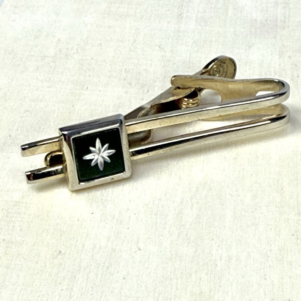 MCM Starburst Tie Clip Emmons Gold Tone Open Double Bar Silver Star Vintage