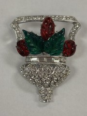 RARE Signed ART DECO 89 Floral Basket Brooch Pin Rhinestone Resin UNWORN HTF